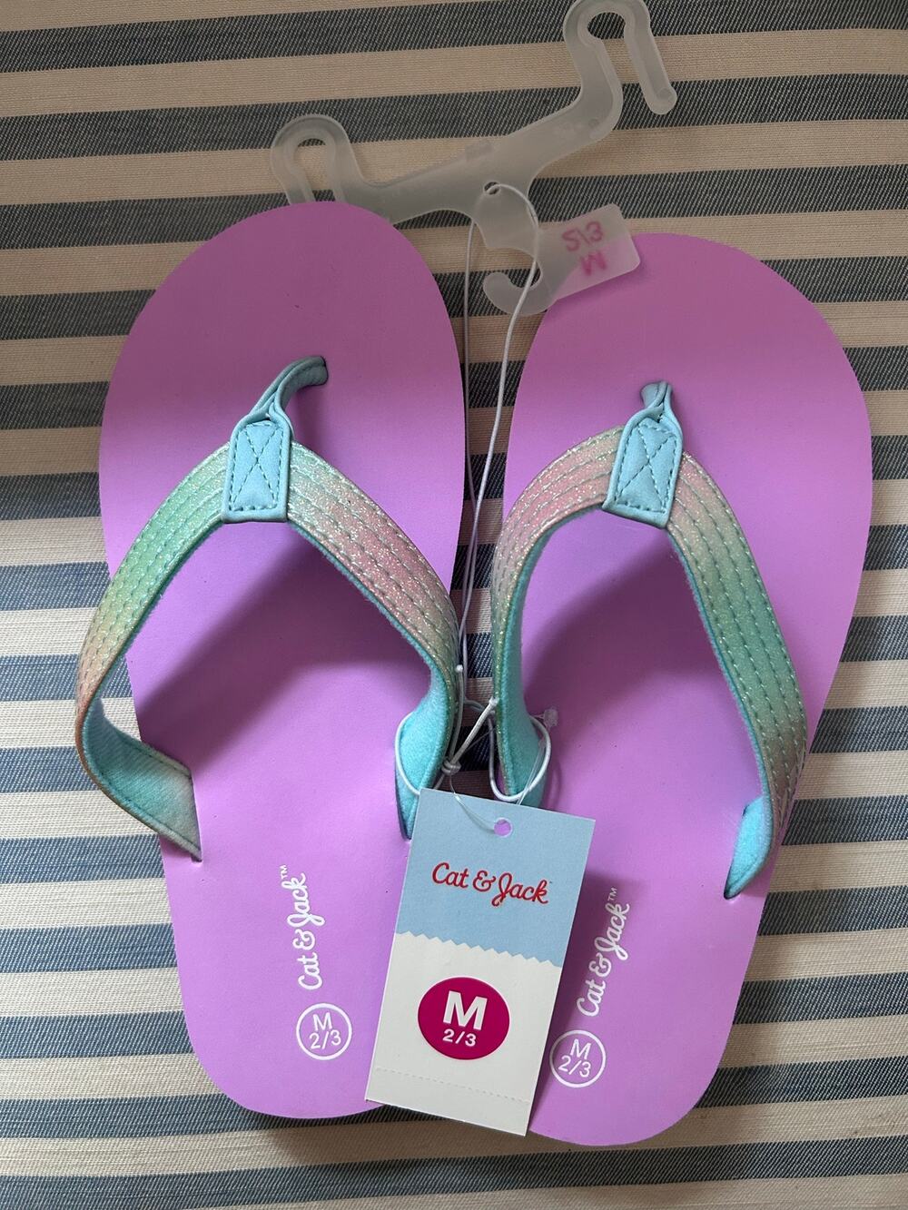 New Girls Cat & Jack Pink Blue Glittery Flip-flops size Medium 2/3